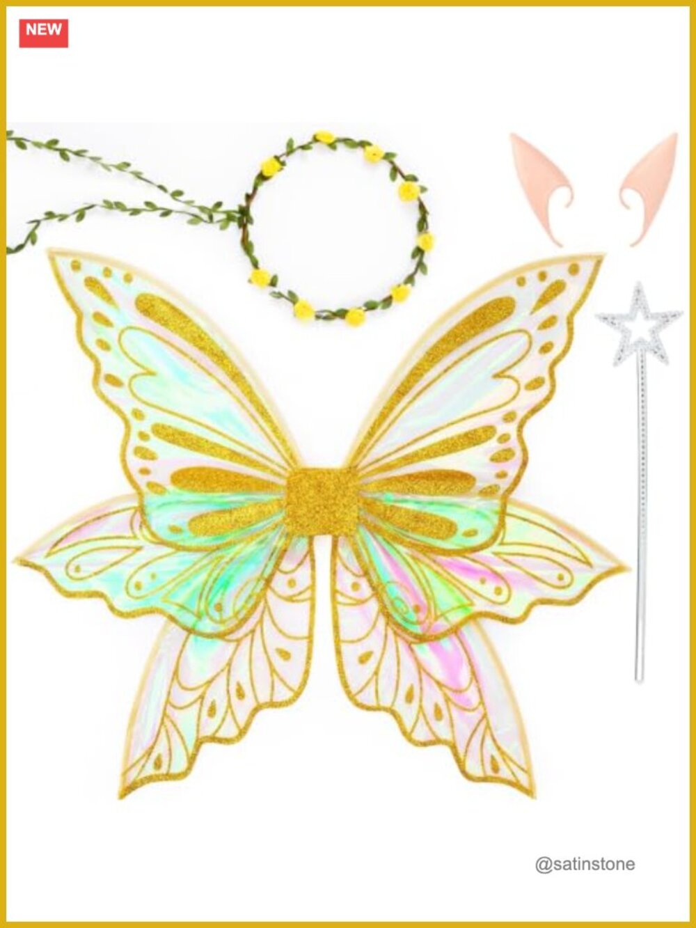 Fairy Wings Elf Ears Wand Flower Crown Cosplay Accessory Set